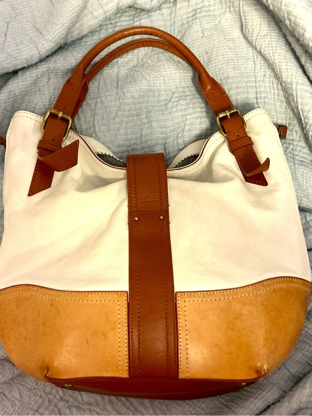 Brooks Brothers Cream and Tan Leather Hobo with Gold-Tone Accent
